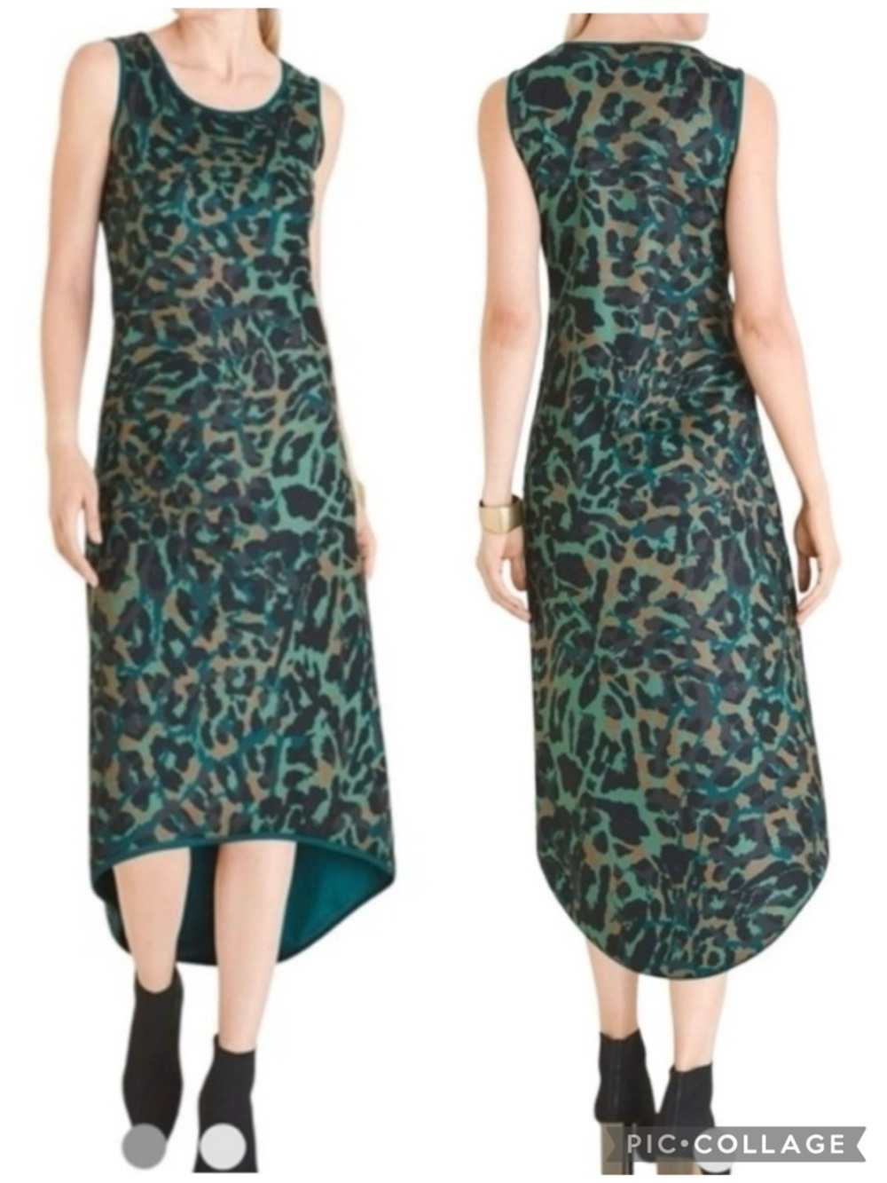 Chico’s Green Animal Print High Low Ponte Knit Midi Tank Dress XS Whimsigoth